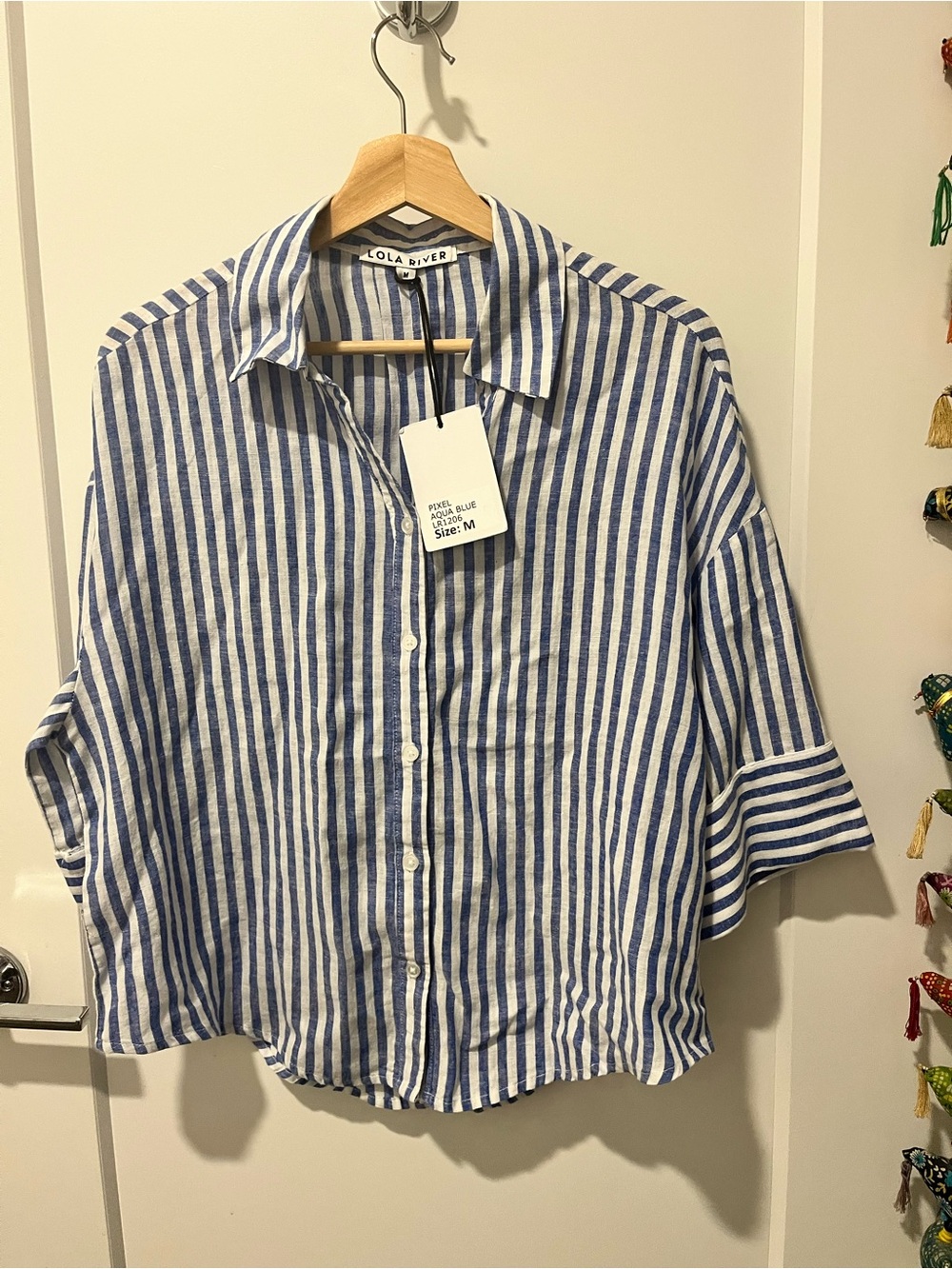 Lola River Short-sleeved Button-Down, Stripes, Linen Blend Medium, NWT